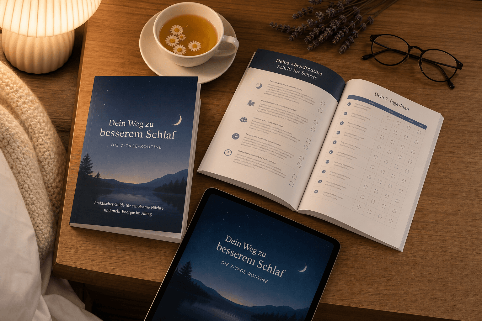 Sleep guide on nightstand — real product
